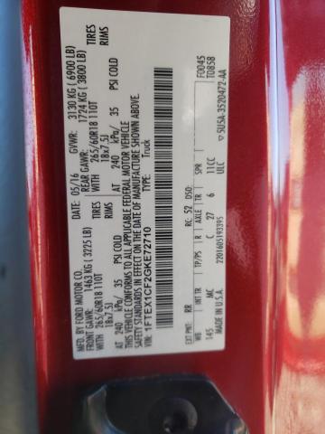 1FTEX1CF2GKE72710 - 2016 FORD F150 SUPER CAB RED photo 12