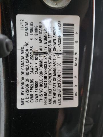 2HGFB2F93DH511193 - 2013 HONDA CIVIC EXL BLACK photo 12