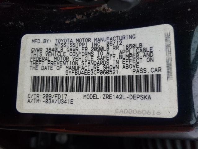 5YFBU4EE3CP060521 - 2012 TOYOTA COROLLA BASE BLACK photo 12