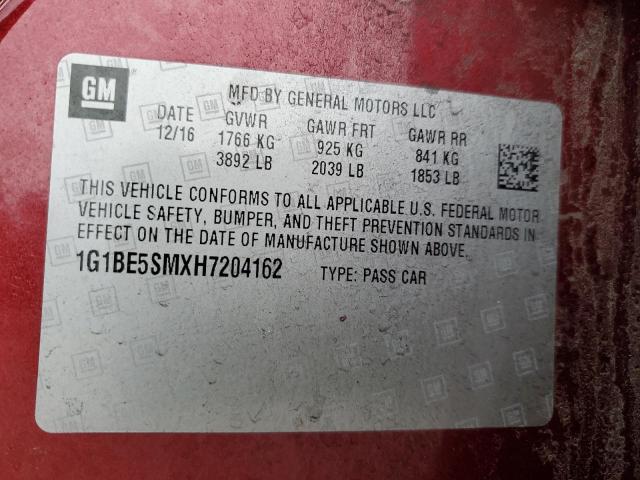 1G1BE5SMXH7204162 - 2017 CHEVROLET CRUZE LT RED photo 13