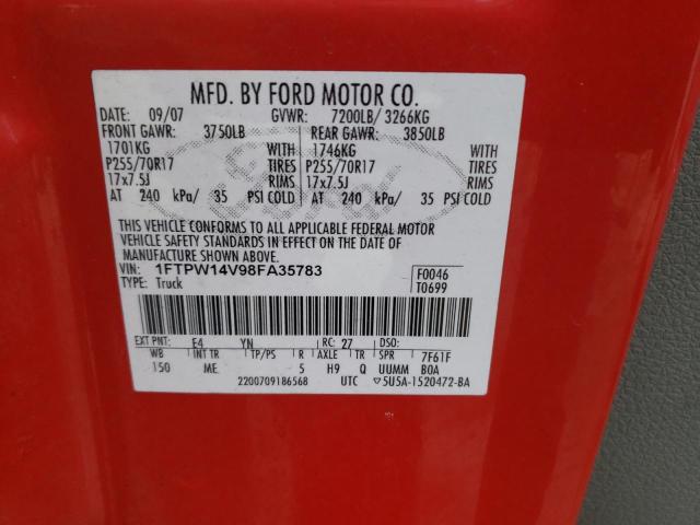 1FTPW14V98FA35783 - 2008 FORD F150 SUPERCREW RED photo 12