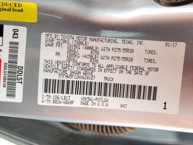 5TFHW5F12HX624187 - 2017 TOYOTA TUNDRA CREWMAX LIMITED SILVER photo 10