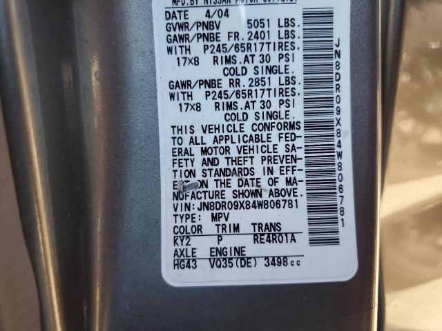 JN8DR09X84W806781 - 2004 NISSAN PATHFINDER LE ვერცხლისფერი ფოტო 10