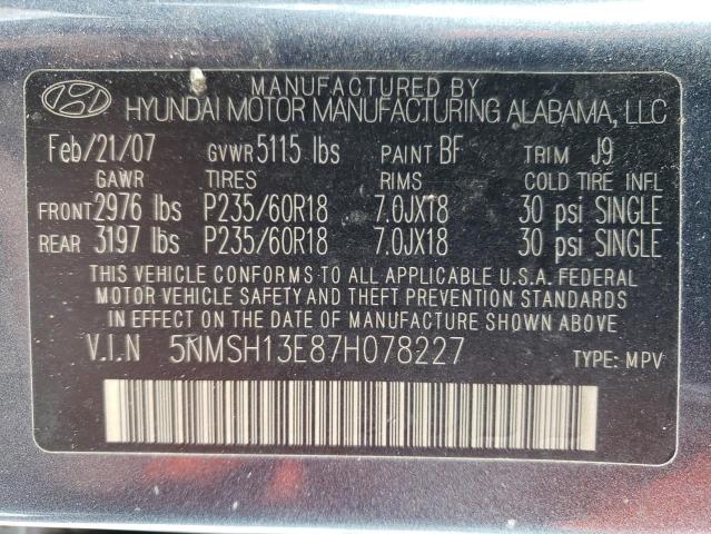 5NMSH13E87H078227 - 2007 HYUNDAI SANTA FE SE BLUE photo 13