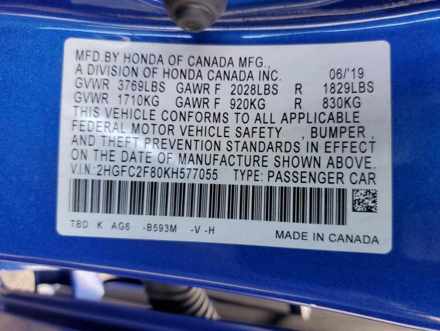 2HGFC2F80KH577055 - 2019 HONDA CIVIC SPORT 蓝色 照片 13