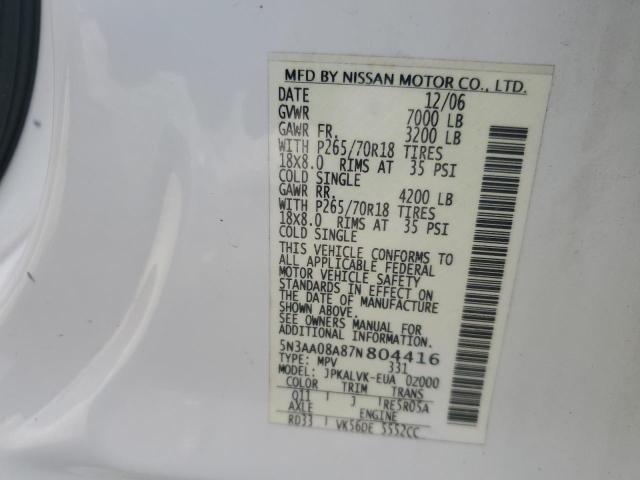 5N3AA08A87N804416 - 2007 INFINITI QX56 WHITE photo 12