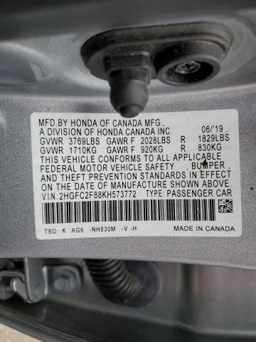 2HGFC2F88KH573772 - 2019 HONDA CIVIC SPORT SILVER photo 12