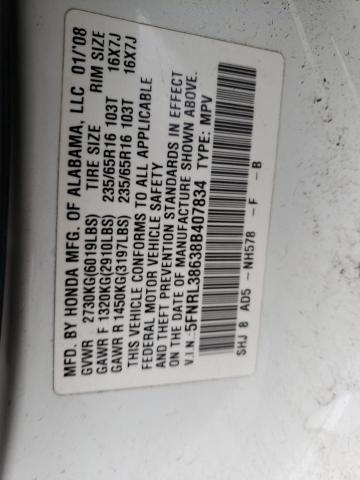 5FNRL38638B407834 - 2008 HONDA ODYSSEY EXL WHITE photo 13