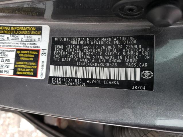 4T4BE46K88R039578 - 2008 TOYOTA CAMRY CE GRAY photo 12