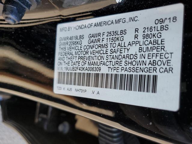 19UUB2F43KA006309 - 2019 ACURA TLX TECHNOLOGY BLACK photo 12