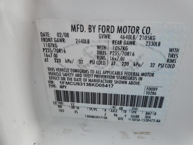 1FMCU93138KD05417 - 2008 FORD ESCAPE XLT WHITE photo 12