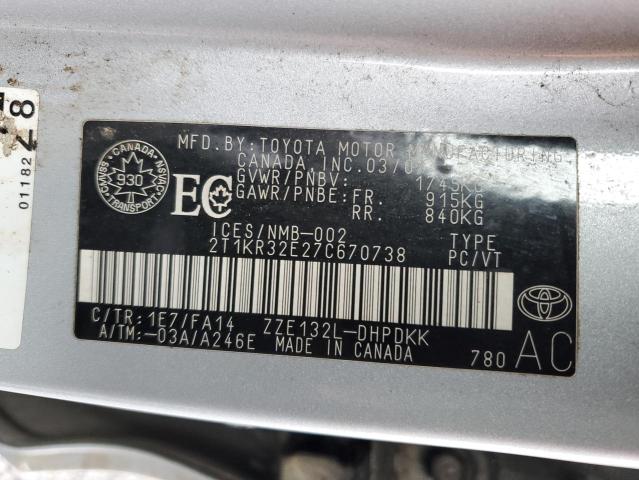 2T1KR32E27C670738 - 2007 TOYOTA COROLLA MA XR SILVER photo 12