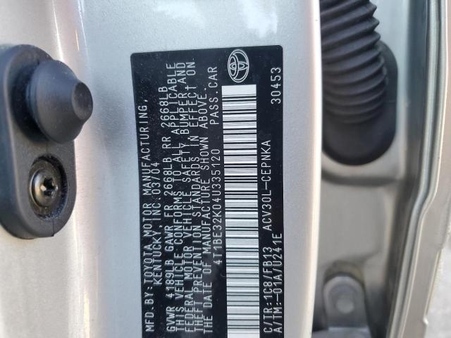 4T1BE32K04U335120 - 2004 TOYOTA CAMRY LE SILVER photo 12
