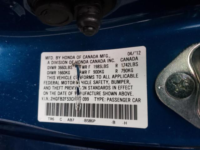 2HGFB2F53CH561099 - 2012 HONDA CIVIC LX BLUE photo 12