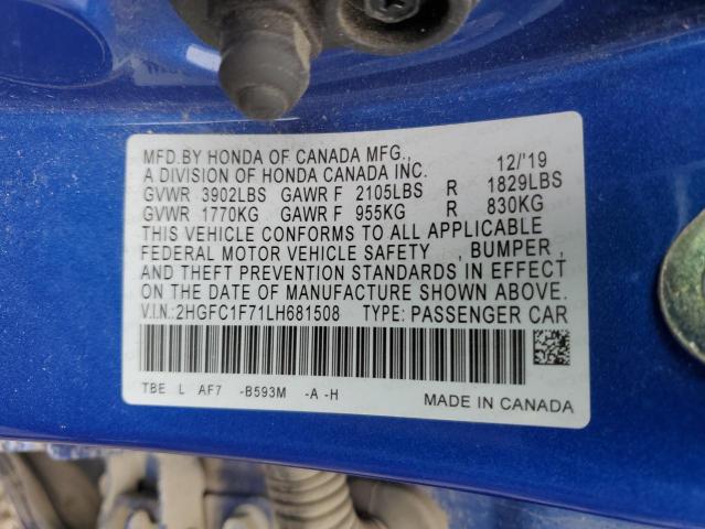 2HGFC1F71LH681508 - 2020 HONDA CIVIC EXL BLUE photo 12