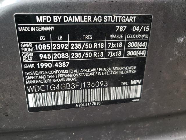 WDCTG4GB3FJ136093 - 2015 MERCEDES-BENZ GLA 250 4MATIC GRAY photo 10