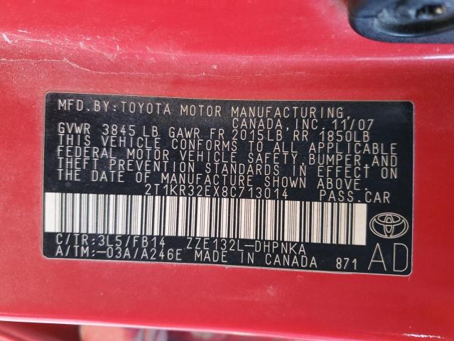 2T1KR32EX8C713014 - 2008 TOYOTA COROLLA MA XR RED photo 12