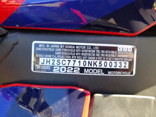 JH2SC7710NK500332 - 2022 HONDA CBR1000 RR RED photo 10