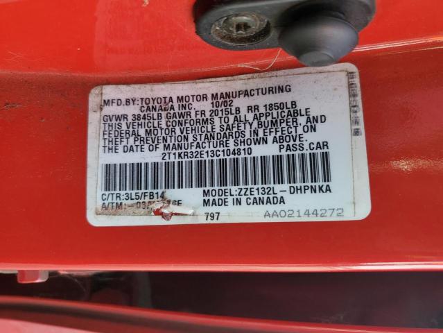 2T1KR32E13C104810 - 2003 TOYOTA COROLLA MA XR RED photo 12