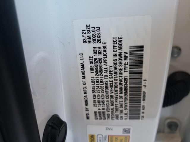 5FNYF5H26MB034391 - 2021 HONDA PILOT SE WHITE photo 12