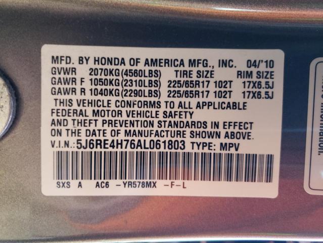 5J6RE4H76AL061803 - 2010 HONDA CR-V EXL GRAY photo 13