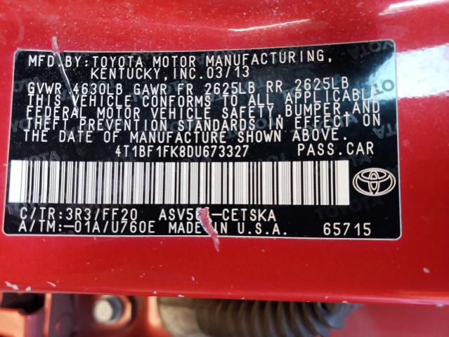4T1BF1FK8DU673327 - 2013 TOYOTA CAMRY L RED photo 12