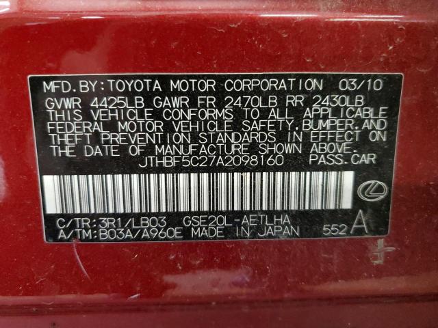 JTHBF5C27A2098160 - 2010 LEXUS IS 250 RED photo 12