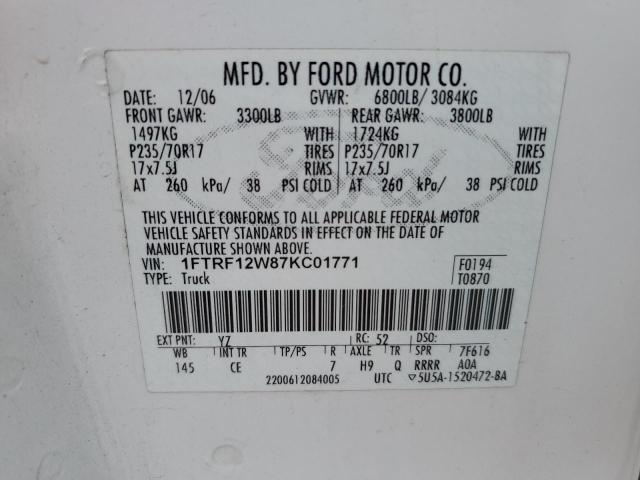 1FTRF12W87KC01771 - 2007 FORD F150 WHITE photo 12