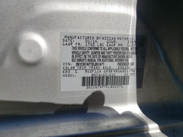 3N1CN7AP7EL851471 - 2014 NISSAN VERSA S SILVER photo 12