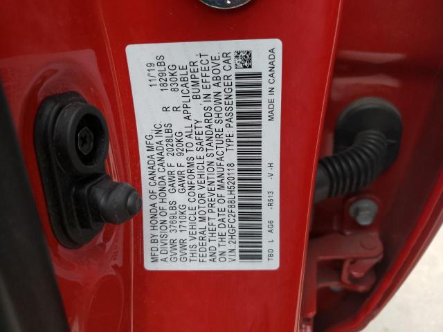 2HGFC2F88LH520118 - 2020 HONDA CIVIC SPOR RED photo 13