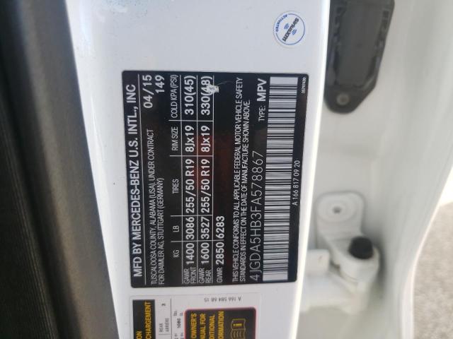 4JGDA5HB3FA578867 - 2015 MERCEDES-BENZ ML 350 4MATIC WHITE photo 13