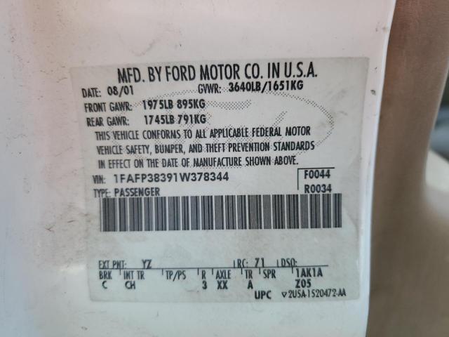1FAFP38391W378344 - 2001 FORD FOCUS ZTS WHITE photo 12