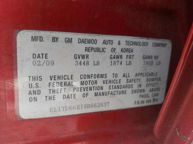 KL1TD66E19B662637 - 2009 CHEVROLET AVEO LS 红色 照片 12