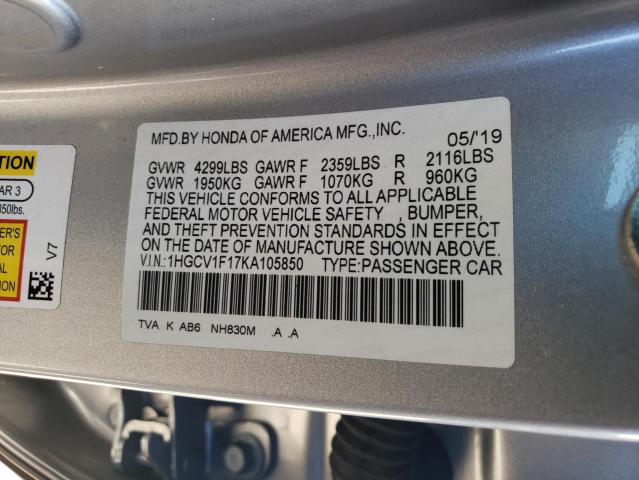 1HGCV1F17KA105850 - 2019 HONDA ACCORD LX SILVER photo 12