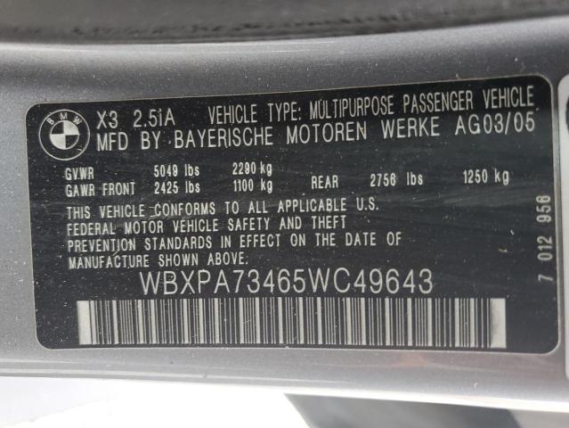 WBXPA73465WC49643 - 2005 BMW X3 2.5I GRAY photo 13