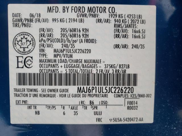 MAJ6P1UL5JC226220 - 2018 FORD ECOSPORT SE BLUE photo 14