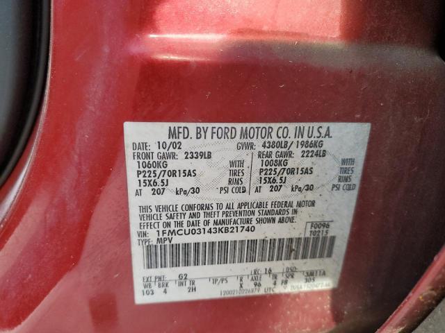 1FMCU03143KB21740 - 2003 FORD ESCAPE XLT RED photo 12