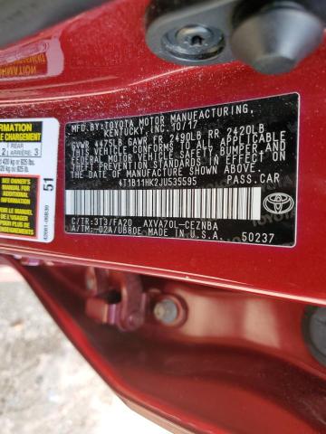 4T1B11HK2JU535595 - 2018 TOYOTA CAMRY L BURGUNDY photo 12