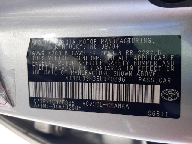 4T1BE32K35U970396 - 2005 TOYOTA CAMRY LE SILVER photo 12
