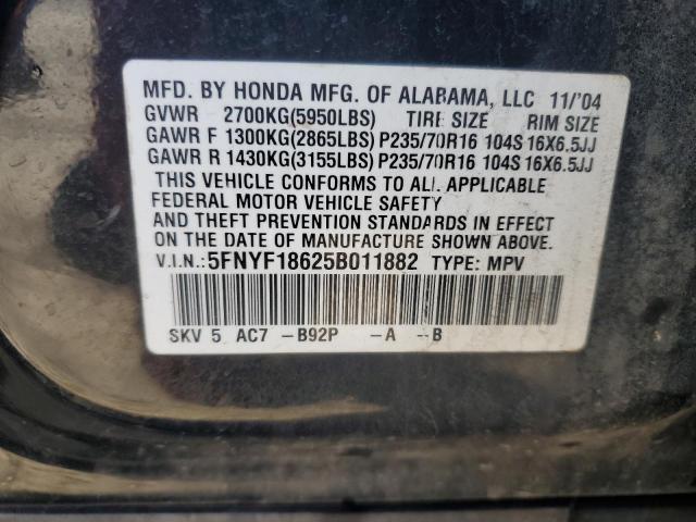 5FNYF18625B011882 - 2005 HONDA PILOT EXL BLACK photo 12