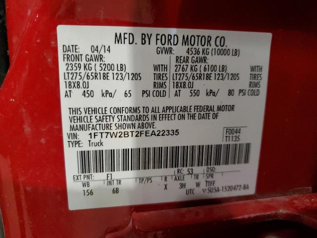 1FT7W2BT2FEA22335 - 2015 FORD F250 SUPER DUTY RED photo 12