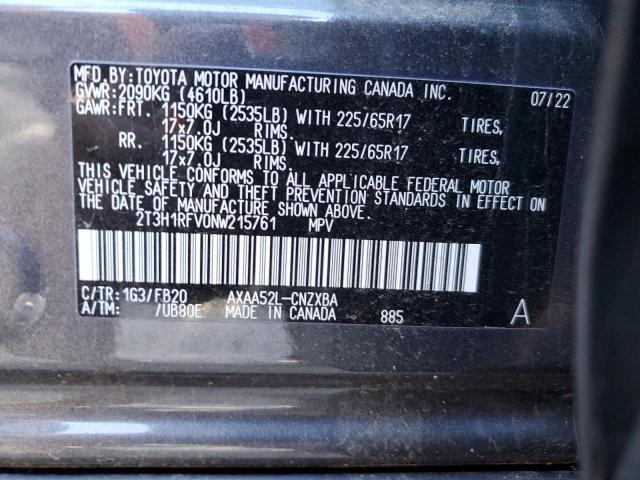 2T3H1RFV0NW215761 - 2022 TOYOTA RAV4 LE GRAY photo 12