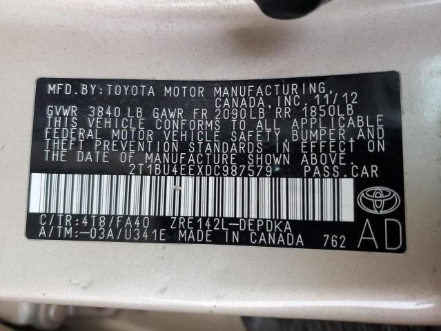 2T1BU4EEXDC987579 - 2013 TOYOTA COROLLA BASE GOLD photo 12