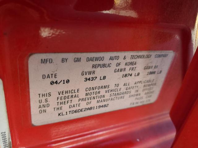 KL1TD6DE2AB119482 - 2010 CHEVROLET AVEO LS Kırmızı fotoğraf 12