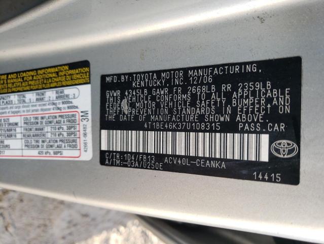 4T1BE46K37U108315 - 2007 TOYOTA CAMRY CE SILVER photo 13