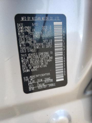 JN8AE2KP1C9047005 - 2012 NISSAN QUEST S SILVER photo 12