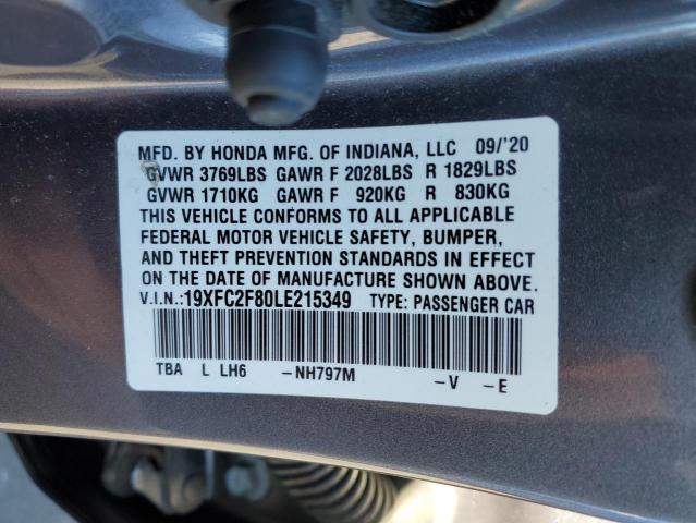 19XFC2F80LE215349 - 2020 HONDA CIVIC SPORT GRAY photo 12