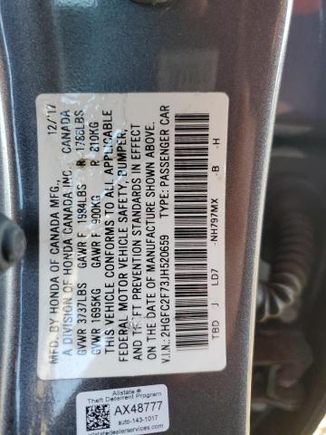 2HGFC2F73JH520659 - 2018 HONDA CIVIC EX GRAY photo 12