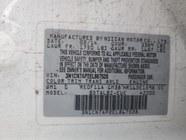 3N1CN7AP2EL867528 - 2014 NISSAN VERSA SV W S WHITE photo 12