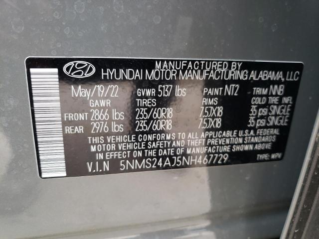 5NMS24AJ5NH467729 - 2022 HYUNDAI SANTA FE SEL GRAY photo 12